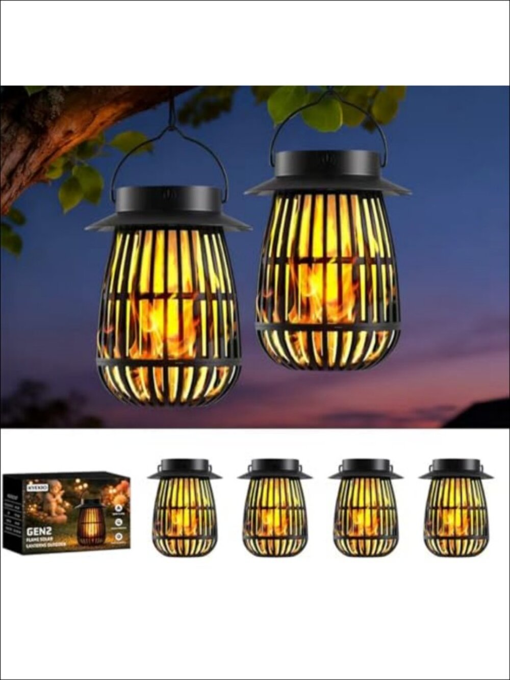 4 Pack Solar Flame Lanterns Outdoor Waterproof Hanging Lights Decor